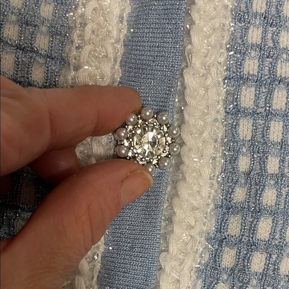 Blue and White check knit boucle ultra stretchy Dress with pearl/diamond buttons - Picture 2 of 10